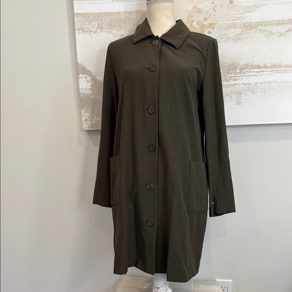 Eileen Fisher Washable Stretch Crepe Collared Long Jacket Medium Woodland Green - Picture 1 of 5